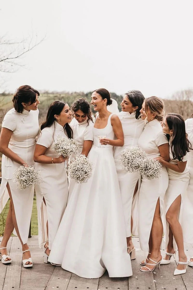 Abiti da sposa moderni di raso Collaggio quadrato senza maniche A-Line Abiti da spino Pulsante personalizzati per misurare Robe de Mariee