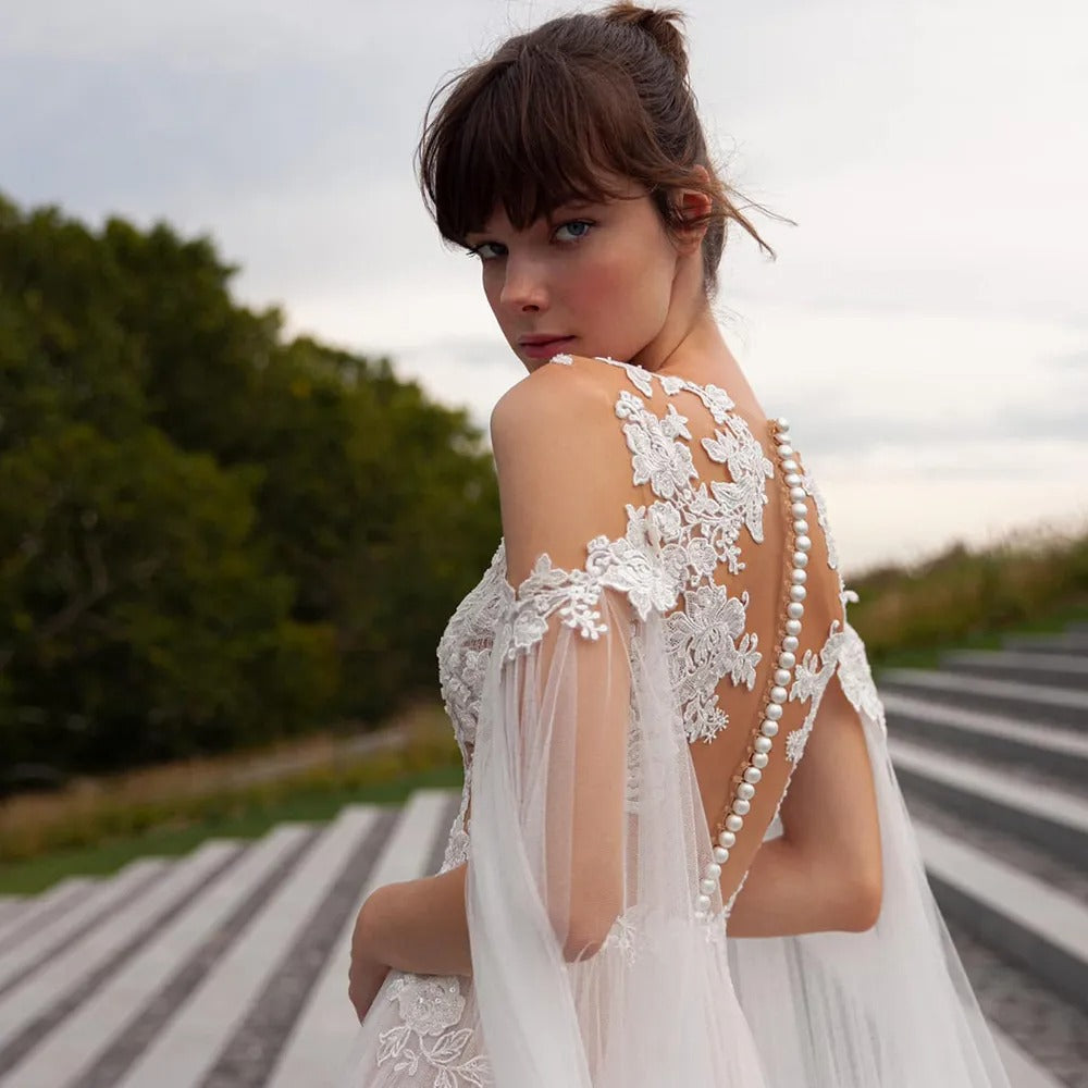 Vestido de novia de playa con Apliques de encaje de ilusión Sexy, vestidos de novia elegantes con manga de tul desmontable bohemio