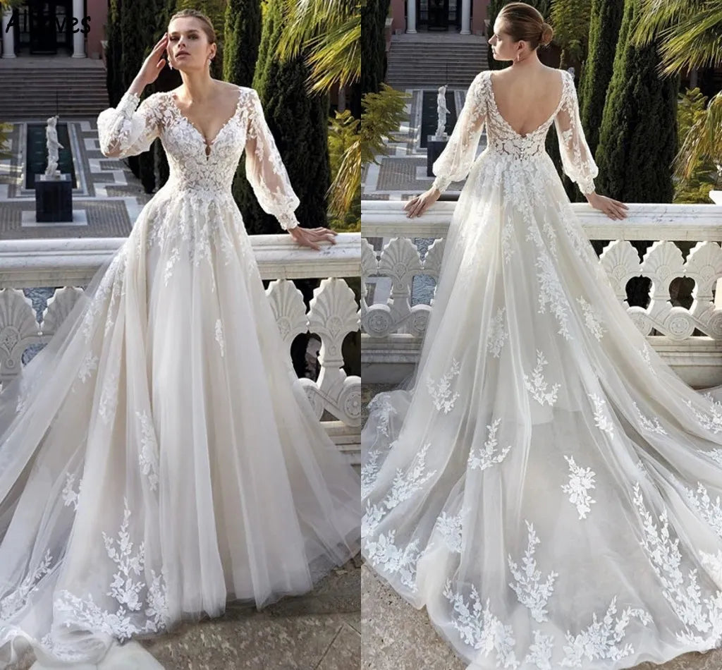 Vestido De novia modesto De manga larga, apliques De encaje clásicos, bata De novia elegante Vintage, corte en A, vestido largo De novia De tul 