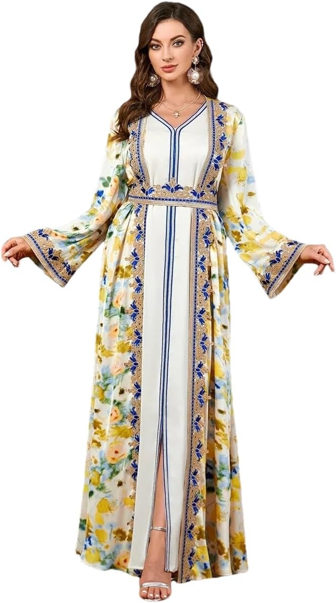 Africano Dress Woman 2 -stukje Abaya Set voor Dubai Ladies Chic Tape Trim Belted Caftan Marocain Robe Femme Musulmane