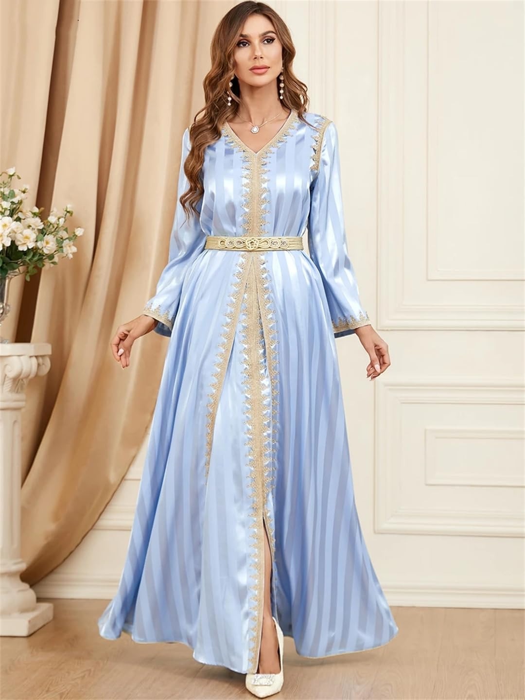 Ramadan Satin 2-delige Caftan Set Moslim Abaya Solid Tape Trim Full Sleeve V-Neck Elegante Sashes Turkse Arabische jurken