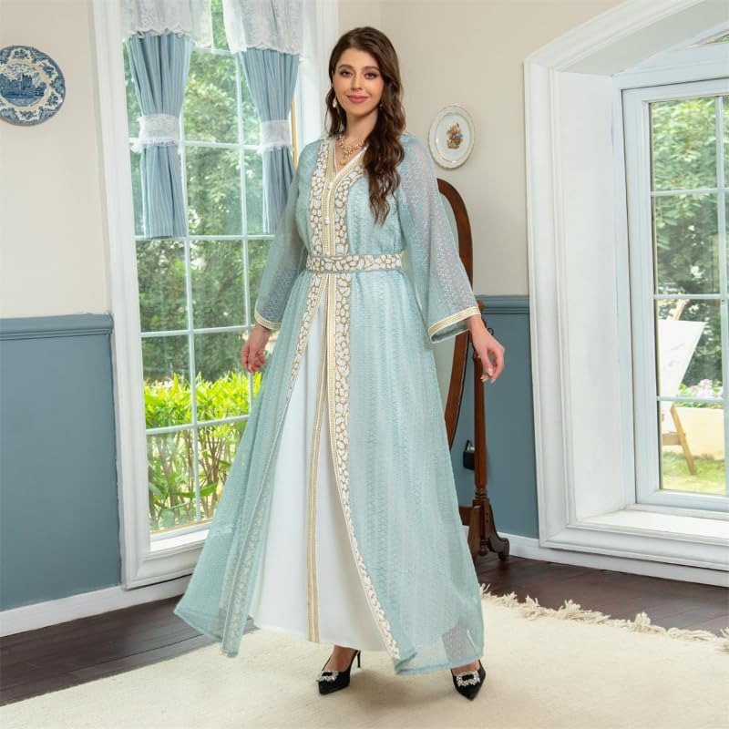 Fashion Muslim Sets Sleeveless Under Dress And Bleted Sequins Long Dresses Galabia Ramadan Jellabiya Saudi Arab Kaftan