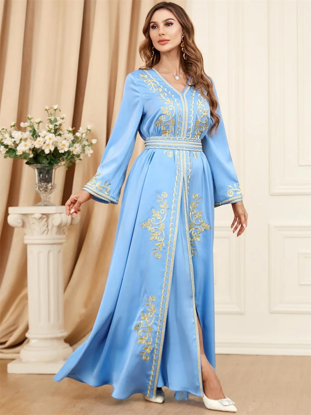 Abaya – ensemble 2 pièces pour femme musulmane, Caftan marocain, broderie unie, manches longues, col en v, ceintures, Robe turque