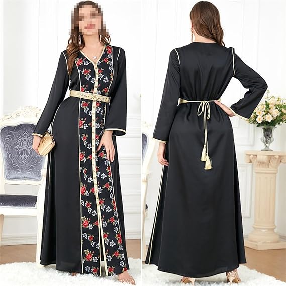 Vestidos de baile 2023 Floral Bordado com cinto Kaftan Vido de festas de decote em V Jalabiyat Ramadan Abaya Roupas para mulheres