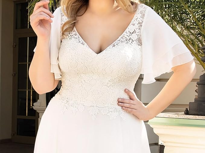 فستان زفاف متواضع من Chiffon Plus Size نصف أكمام V Neck Lace Applique ثوب زفاف Big Women Bride Robe De Mariee