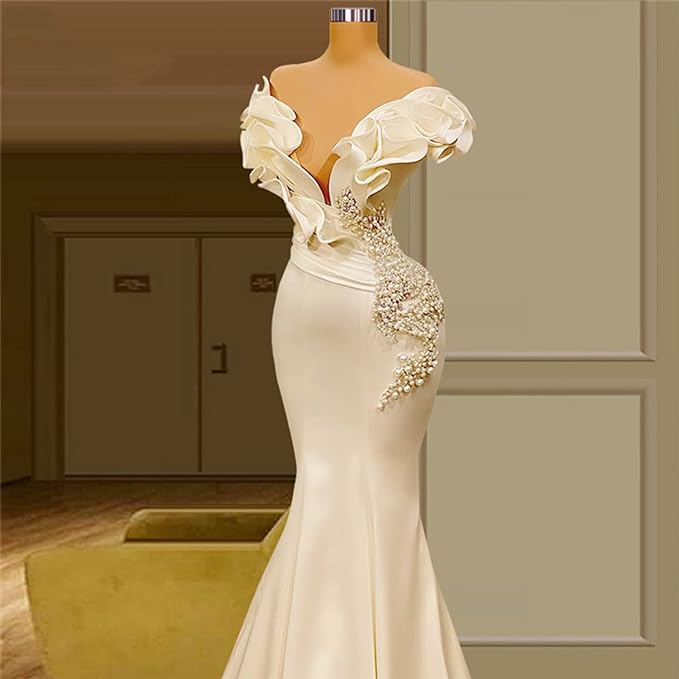 Haohao Pearls Mermaid Wedding Dresses Sexy Off The Shoulder Elegant Ivory Satin Ruffles Bridal Gowns Vintage Boho Country Bride