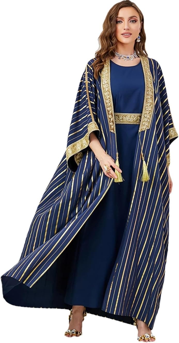 Caftan de luxe Marocain Femme soirée 2 pièces Abaya ensemble Jalabiya Femme bleu rayure paillettes ceinturé Robe Africano Mujer