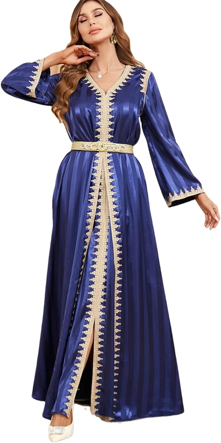 Ramadan Satin 2-delige Caftan Set Moslim Abaya Solid Tape Trim Full Sleeve V-Neck Elegante Sashes Turkse Arabische jurken