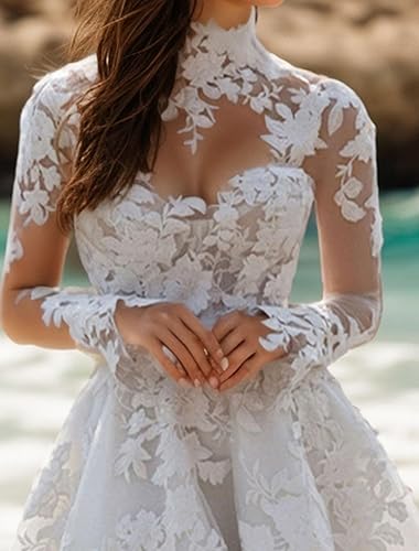 Charming Short Wedding Dress Illusion Applique High Neck and Long Sleeves A-Line Knee-Length Bridal Civil wih Button Gowns