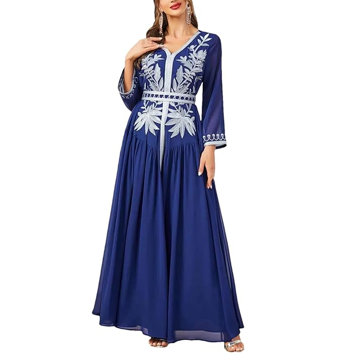 Ricamo floreale in chiffon a manica lunga abito drappeggiato con tela con tela Jalabiyat Dubai African Maroccan Women Robe