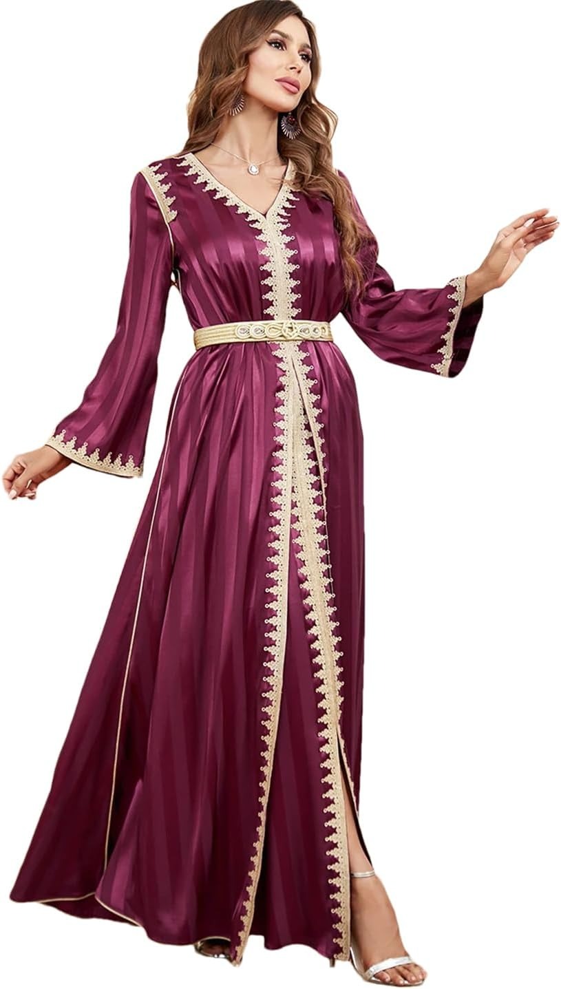 Ramadan Satin 2 Piece Caftan Set Muslim Abaya Solid Tape Trim Full Sleeve V-Neck Elegant Sashes Turkish Arabic Dresses