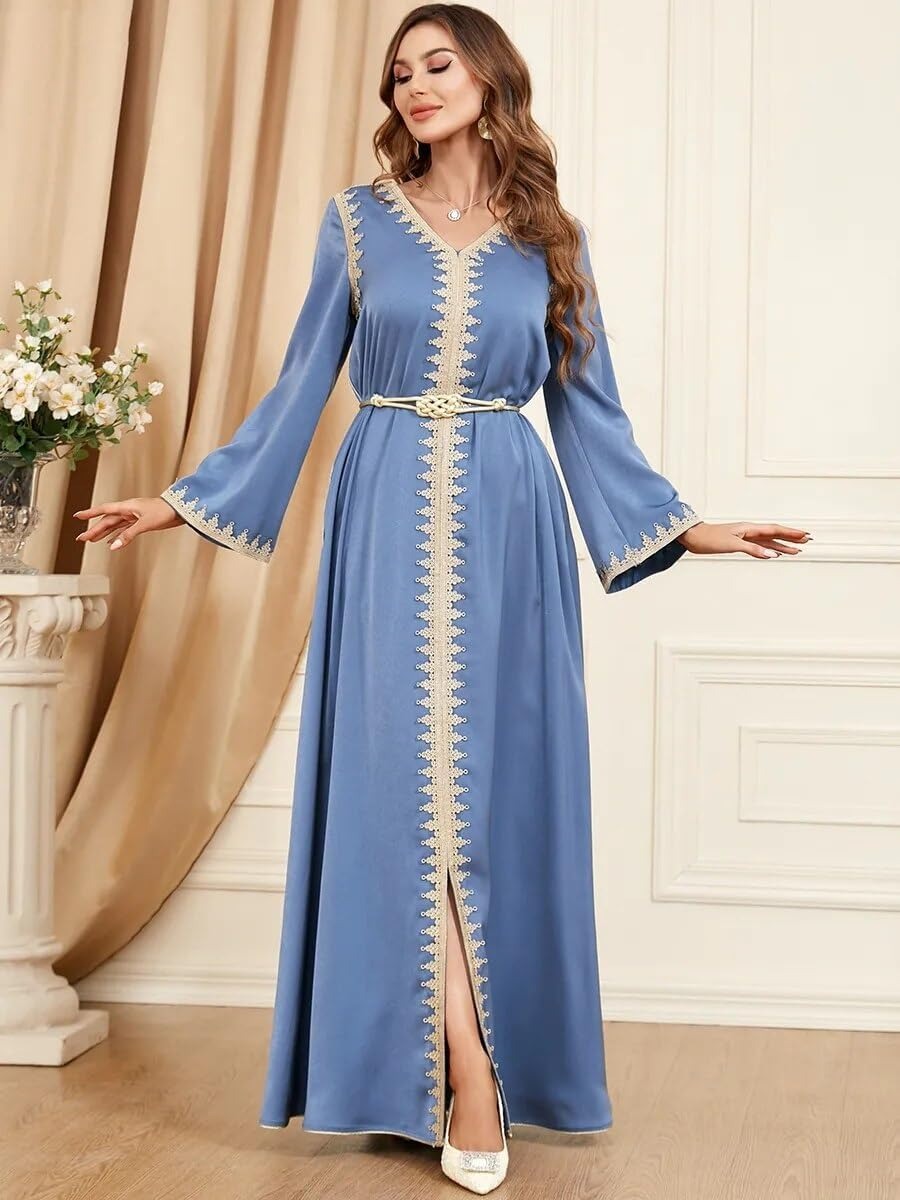 Muslim Abaya Dubai Turkey Dress For Women Moroccan Fashion Tape Trim Full Sleeve V-Neck Galabiyat Robe Belted Clothing