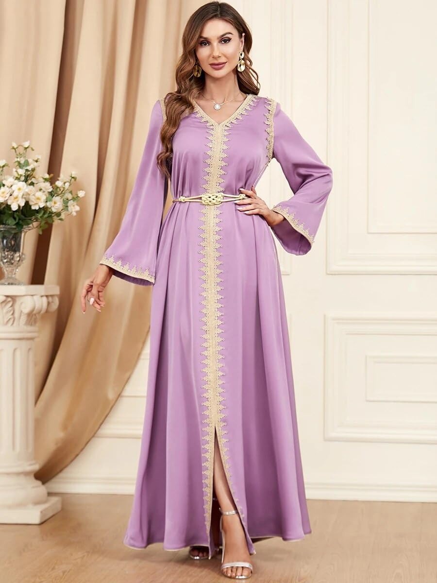 Muslim Abaya Dubai Turkey Dress For Women Moroccan Fashion Tape Trim Full Sleeve V-Neck Galabiyat Robe Belted Clothing