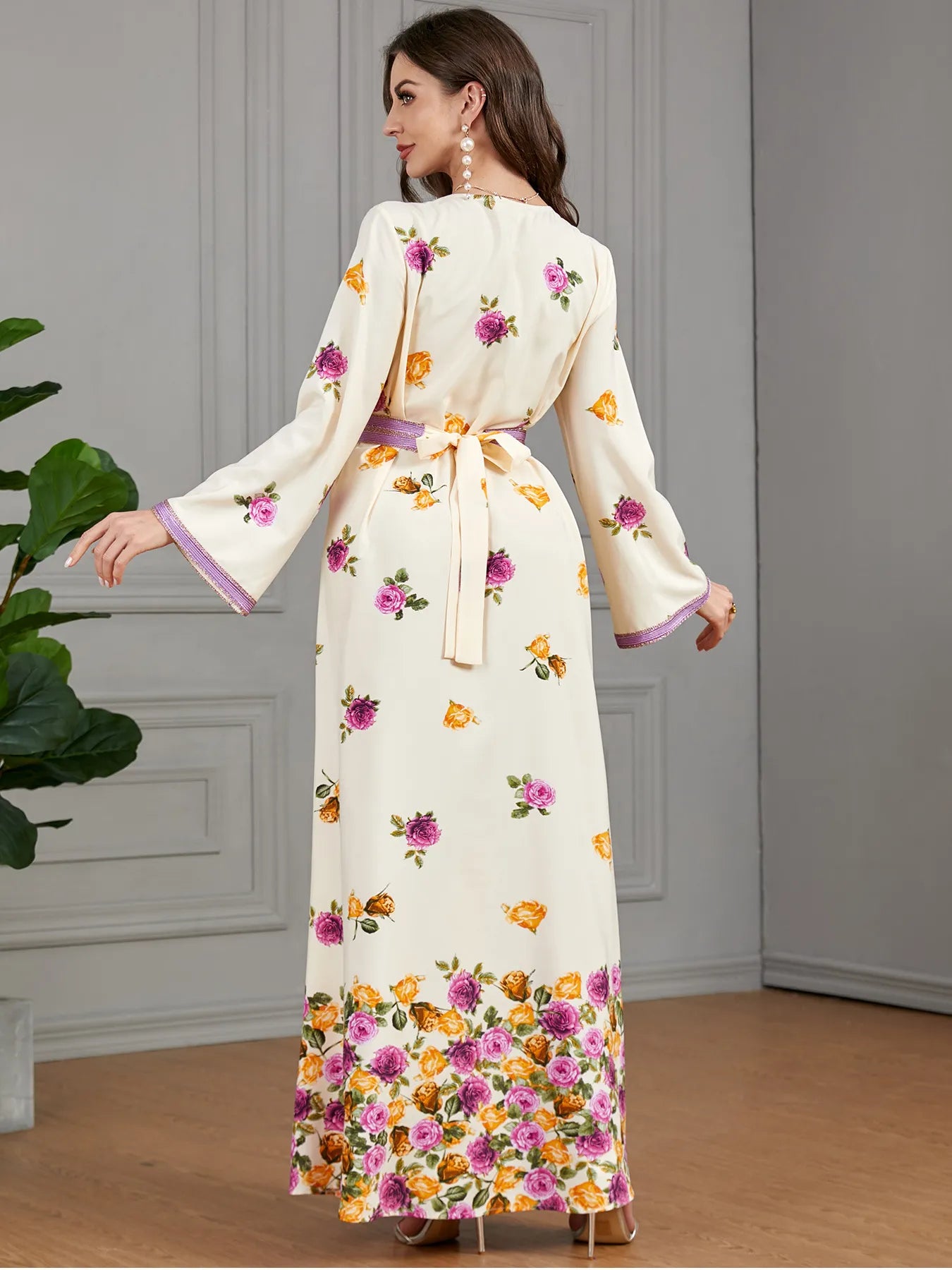 Abaya – robe Chic à imprimé ethnique pour femmes, élégante, avec bande, col en V, manches longues, ample, décontractée, ceinturée, marocain, dubaï, Jalabiya