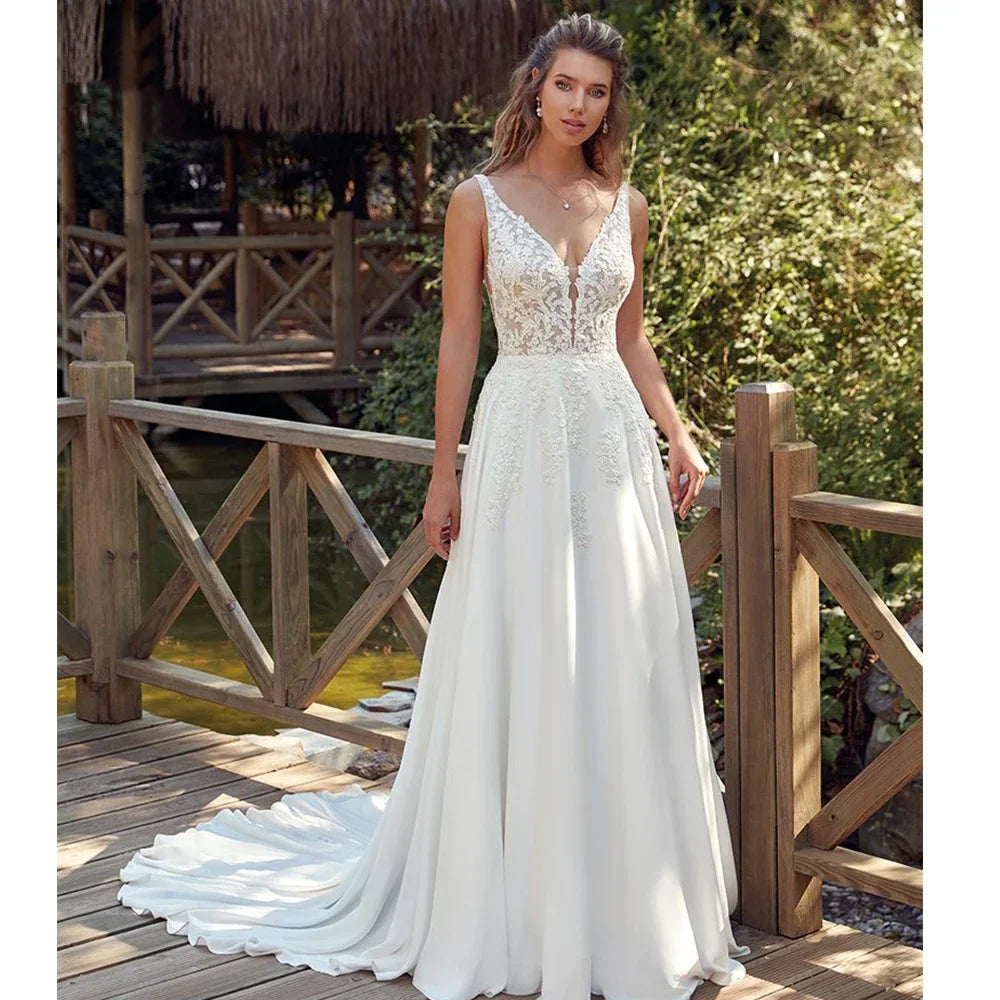 Morden – robe de mariée en dentelle et Tulle, col en V, sans manches, avec traîne Court plissée, boutons élégants, dos ouvert 