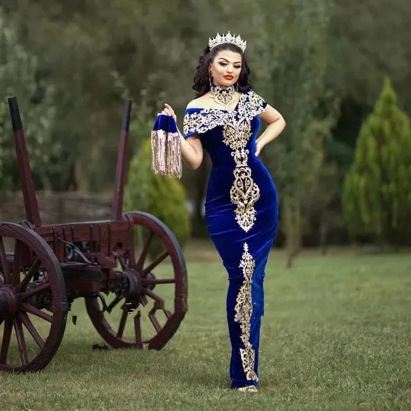 Vestidos de noite de cafta marroquino Apliques de renda dourada Manga de tampa Azul real sereia de veludo vestidos de baile de baile árabe longos vestidos de festa longa