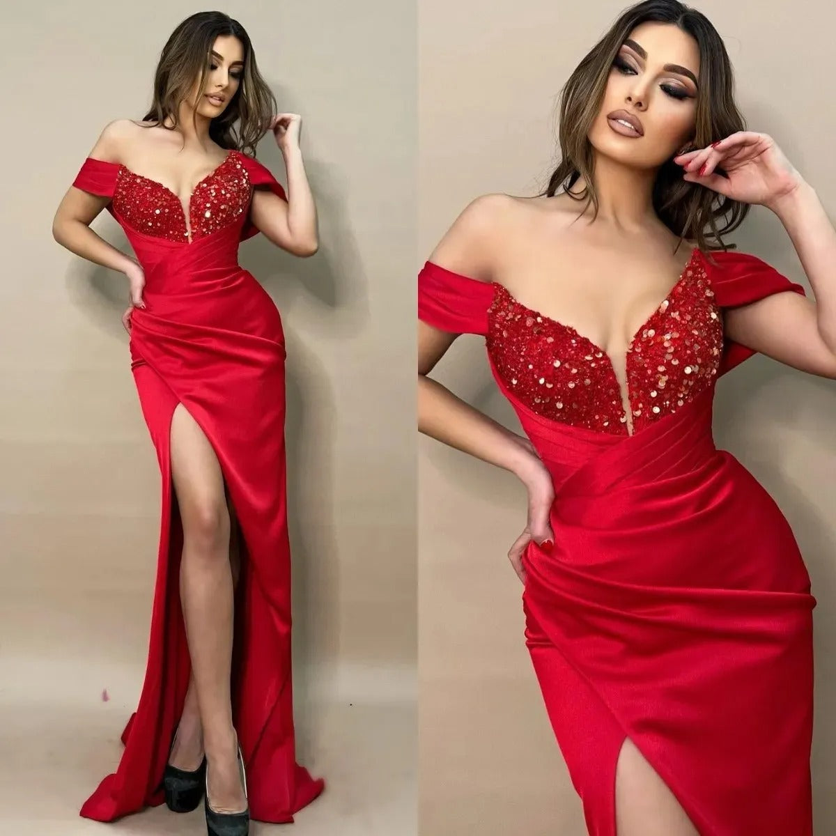 Luxe Sexy Rouge Robes De Bal Paillettes Hors Épaule Robes De Soirée Plis Fente Semi Formelle Tapis Rouge Longue Robe D'occasion Spéciale