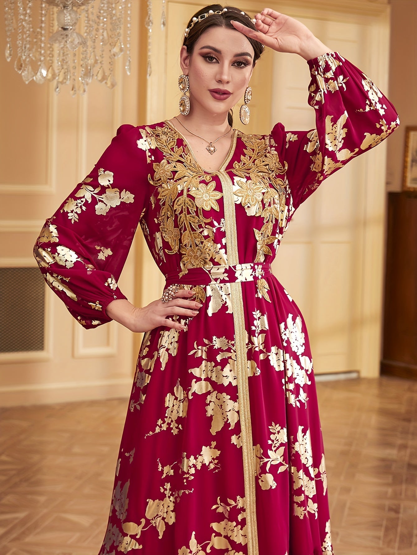 Vestido elegante rojo de fiesta de noche para mujer, vestido elegante de Dubái con apliques de lentejuelas y cinturón, cuello en V, estampado dorado, caftán marroquí Abaya