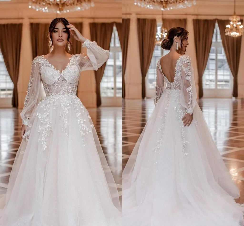 Vestidos de novia de ilusión, manga larga abombada, vestidos de graduación de corte A, apliques de princesa con cuello en V, vestidos formales de fiesta de novia para mujer 