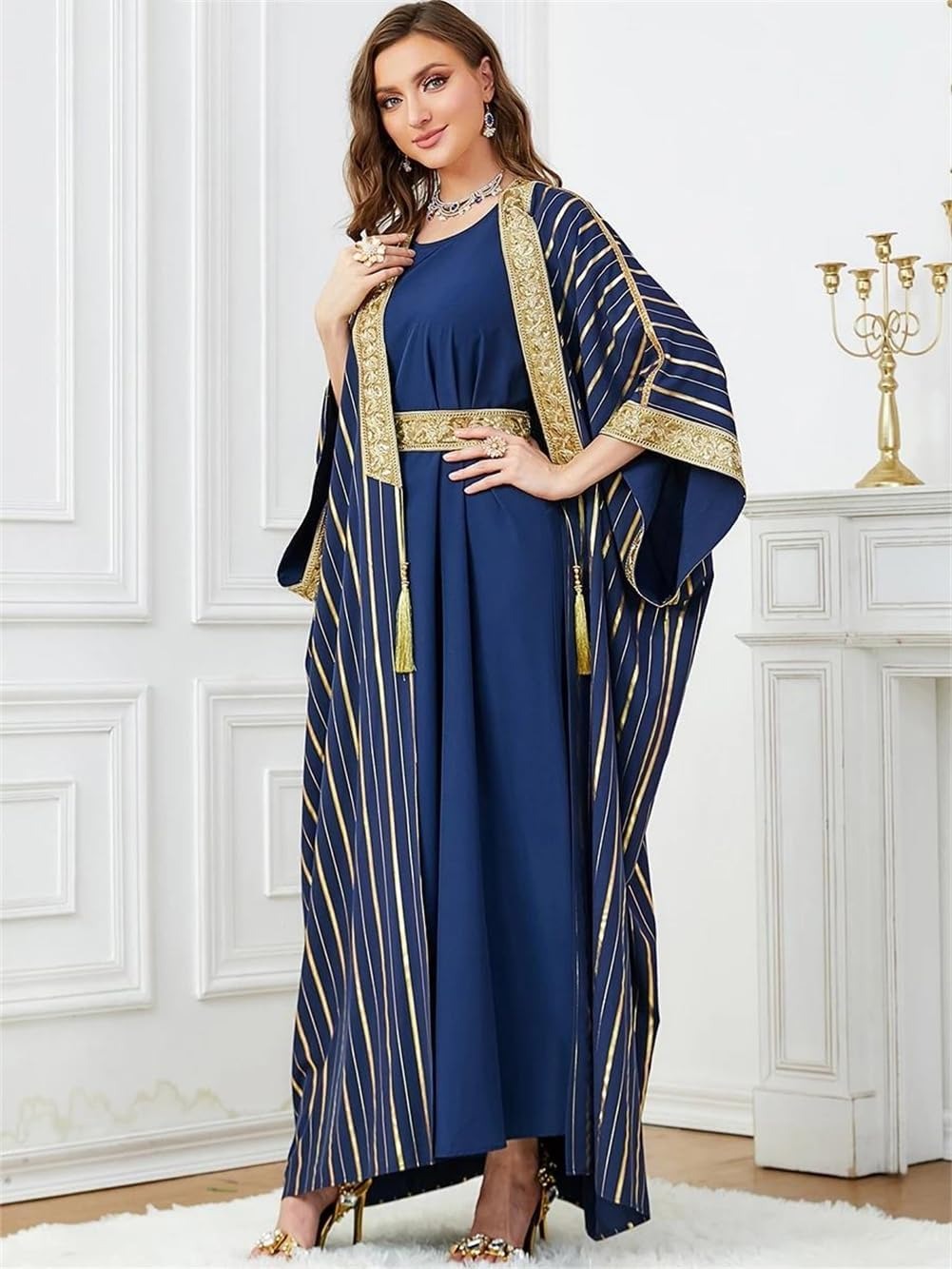 Caftan de luxe Marocain Femme soirée 2 pièces Abaya ensemble Jalabiya Femme bleu rayure paillettes ceinturé Robe Africano Mujer