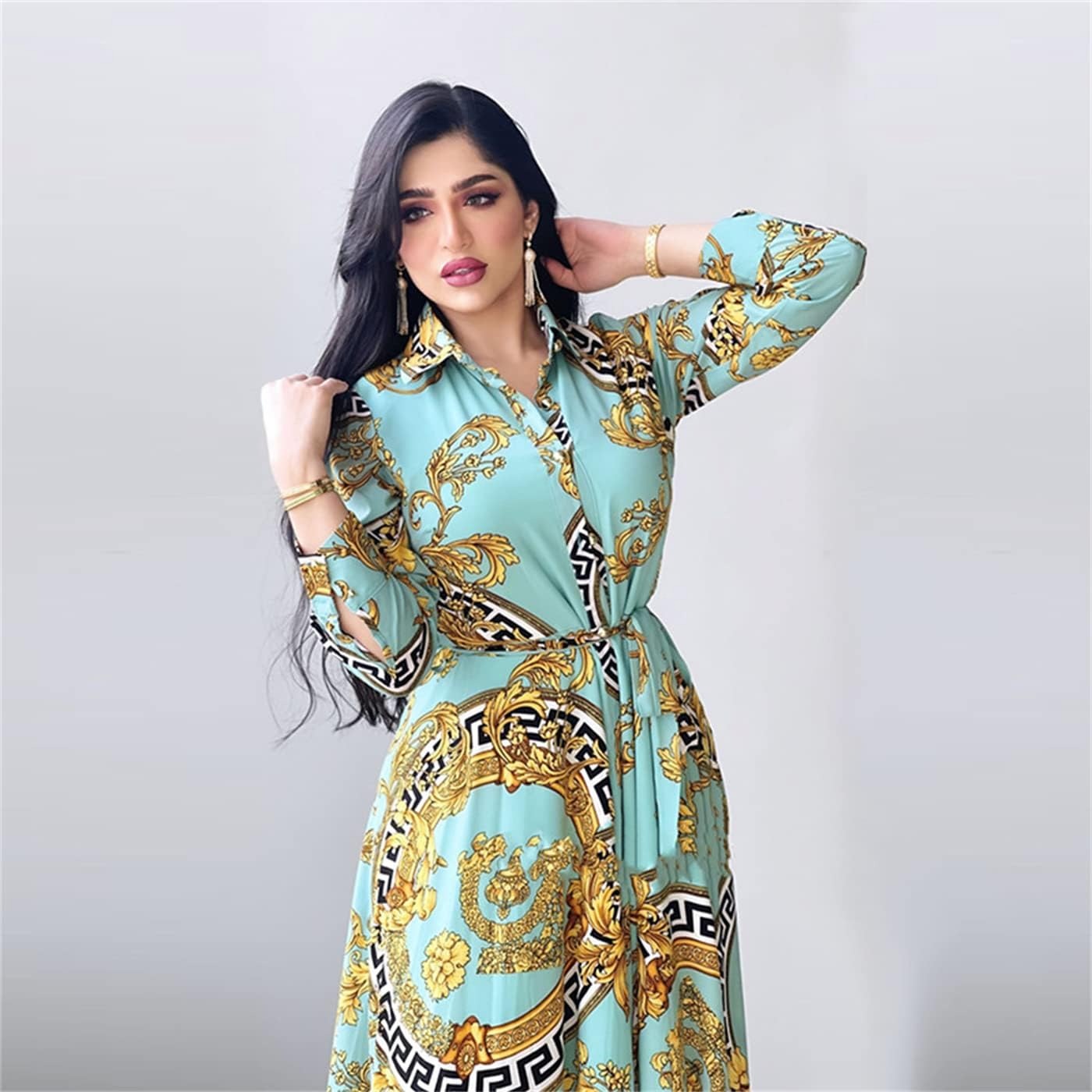 Ethnic Print Maxi Dresses for Women Single-breasted Lapel Shirt Dress Dubai Turkey Arabic Oman Middle East Clothing 2021 New