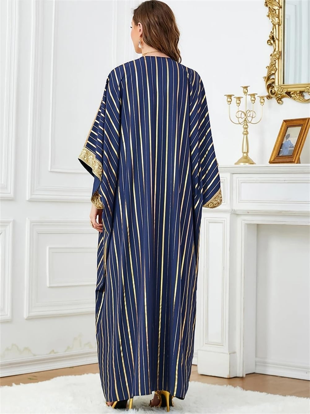 قفطان ماروكين الفاخر Femme Evening 2 Piece Abaya set Jalabiya Woman Blue Stripe Sequins Belted Robe Africano Mujer