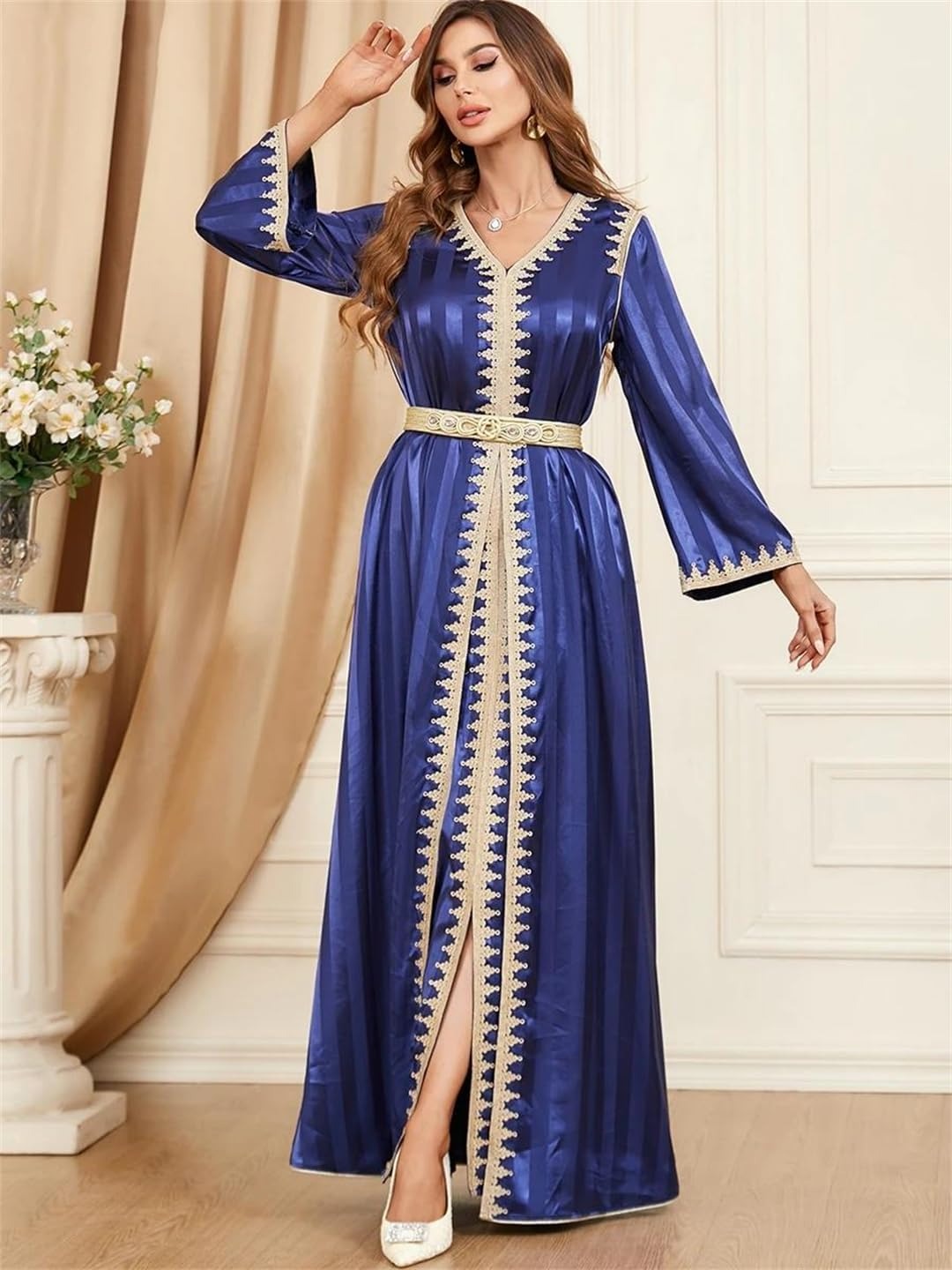 Ensemble Caftan en Satin pour Ramadan, 2 pièces, Abaya musulman, garniture à bande solide, manches longues, col en v, ceintures élégantes, robes arabes turques