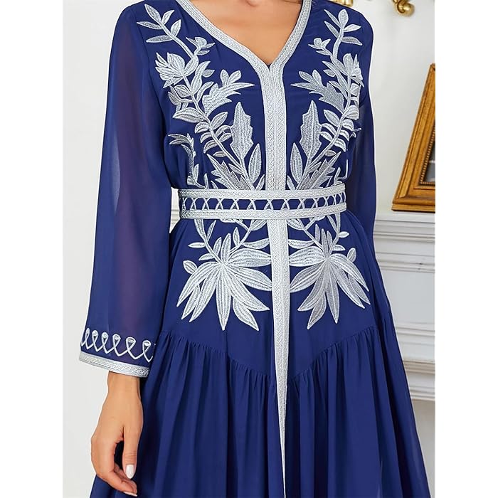 Floral Embroidery Chiffon Long Sleeve V-Neck Draped Dress With Sashes Jalabiyat Dubai African Moroccan Women Robe