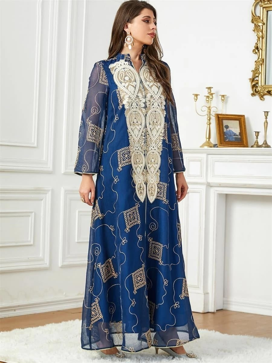 Robe brodée florale dorée pour femmes, mode turque de dubaï, garniture décontractée, ample, Abaya Jalabiyat, Golf islamique