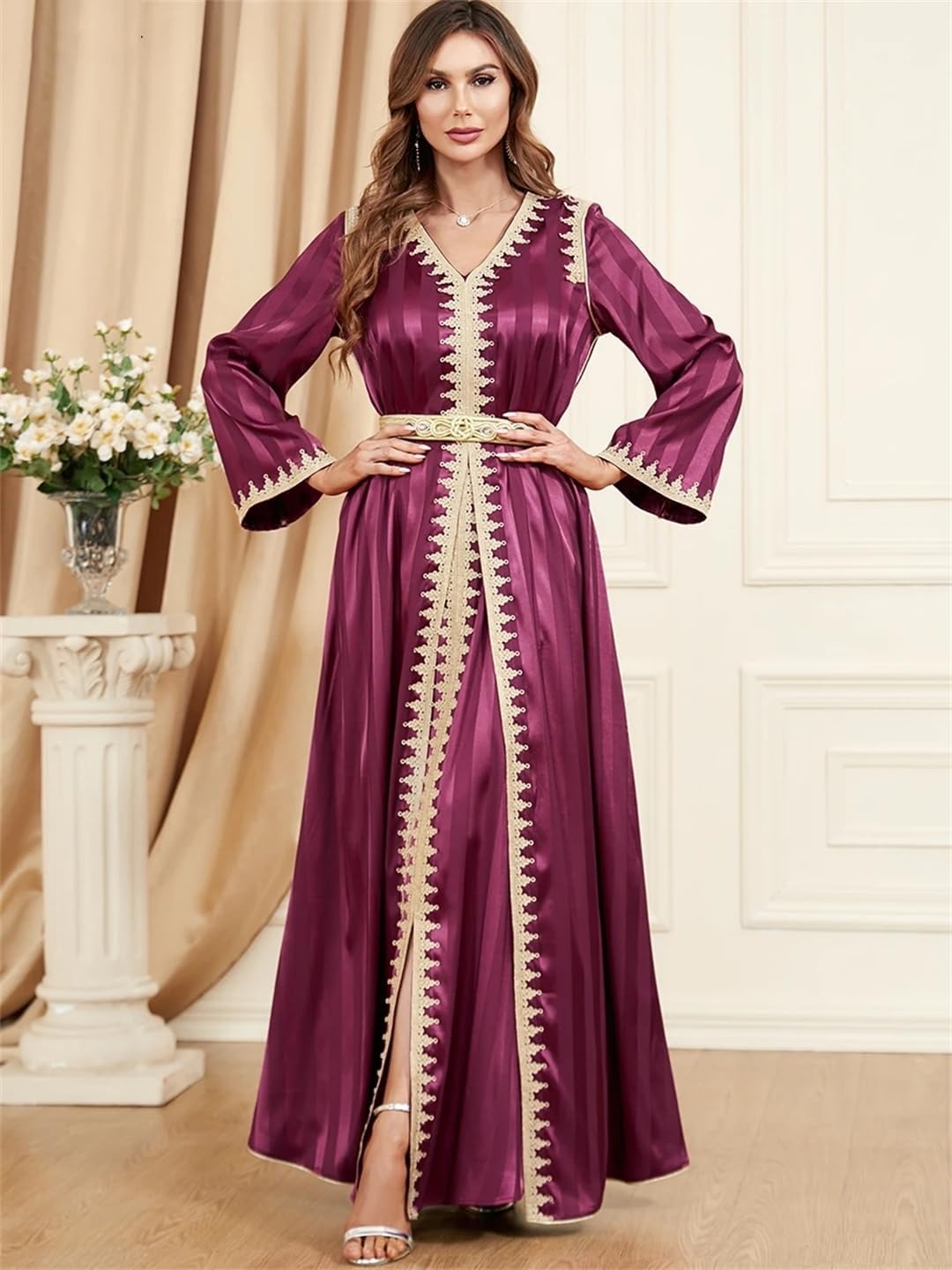 Ramadan Satin 2 Stück Cafan Set Muslim Abaya Solid Tape Trim Vollhülse V-Ausschnitt Elegante Schärpe Turkische arabische Kleider