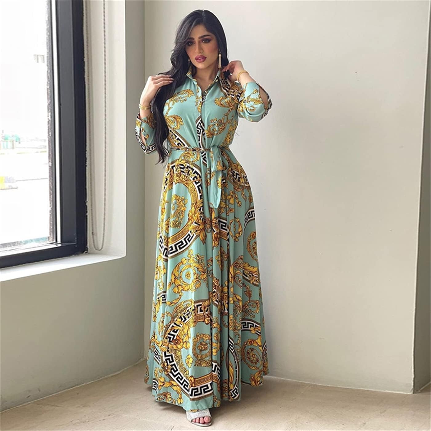 Ethnic Print Maxi Dresses for Women Single-breasted Lapel Shirt Dress Dubai Turkey Arabic Oman Middle East Clothing 2021 New