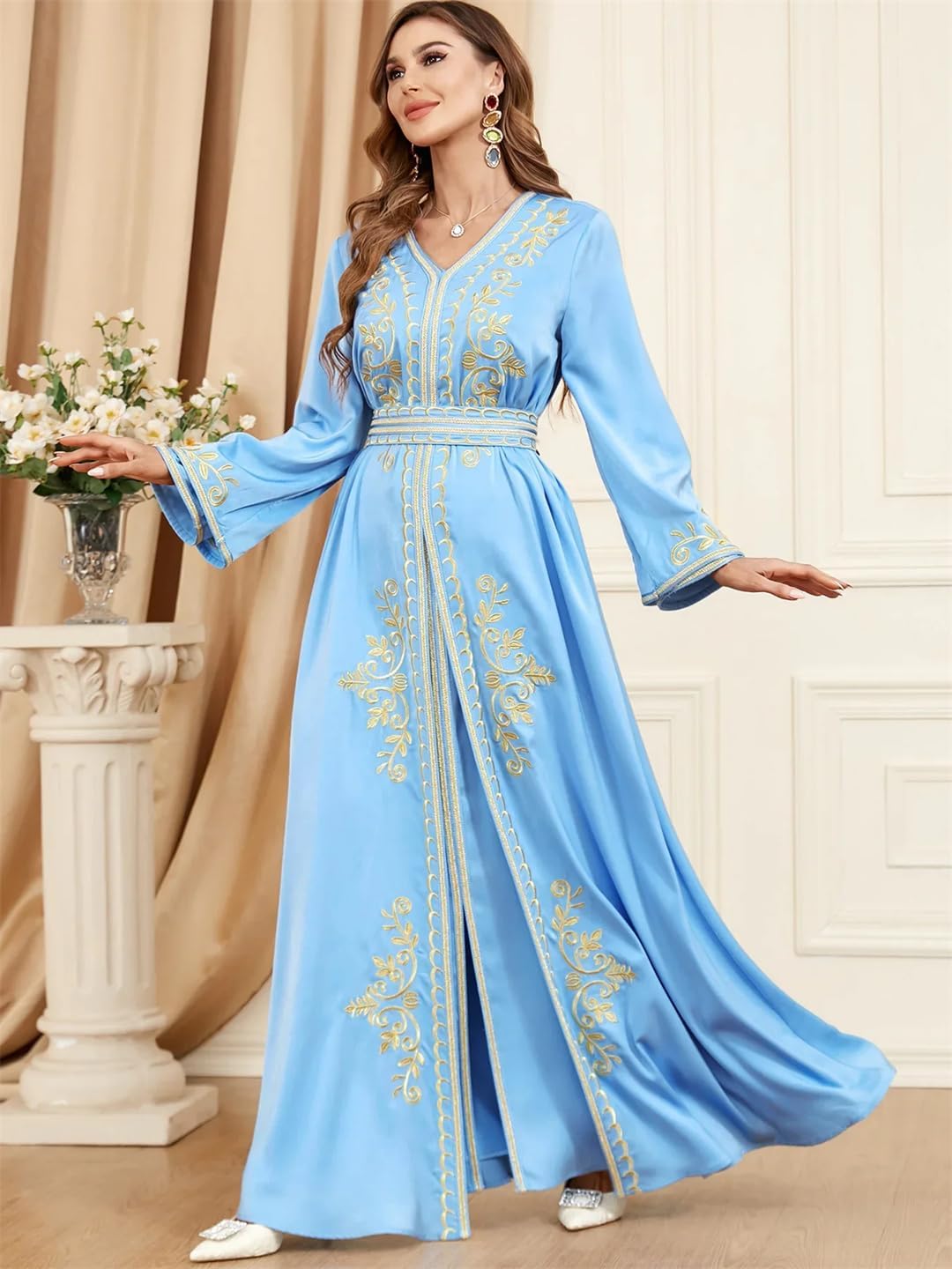 Mode Ethnische muslimische Frau Abaya 2 Stück Set Marokkanische Kaftan Solid Stickerei Vollhülse V-Ausschnitt Schärpe Turkish Robe