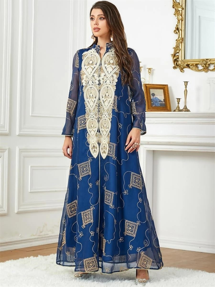 Robe brodée florale dorée pour femmes, mode turque de dubaï, garniture décontractée, ample, Abaya Jalabiyat, Golf islamique