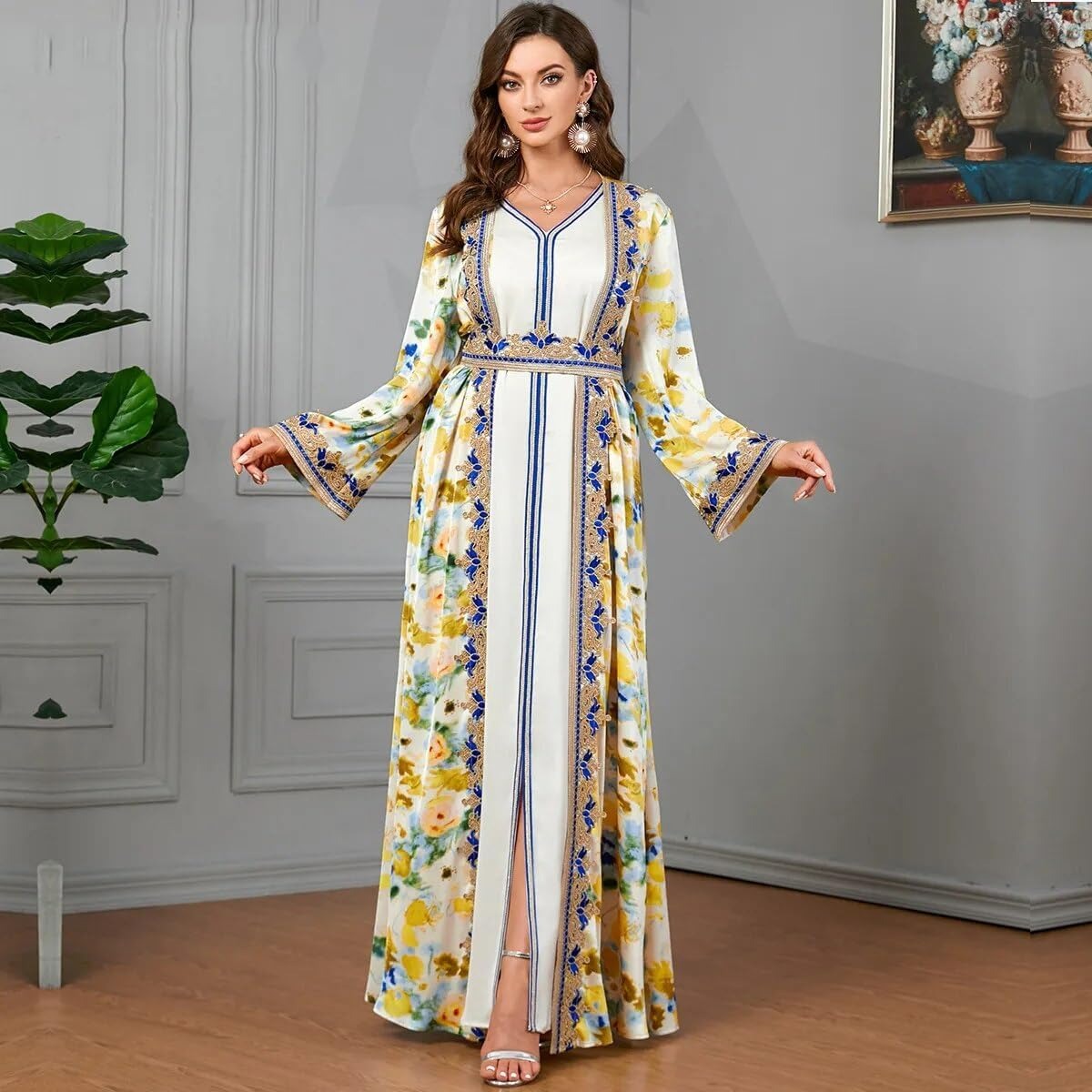 Africano Dress Woman 2 -stukje Abaya Set voor Dubai Ladies Chic Tape Trim Belted Caftan Marocain Robe Femme Musulmane