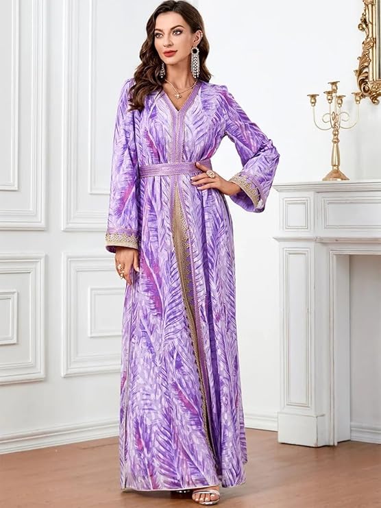 Abito marocchino kaftan a 2 pezzi Abaya set abito da sera stampare manica piena a v-scollo islamico caftano ramadan abiti musulmani