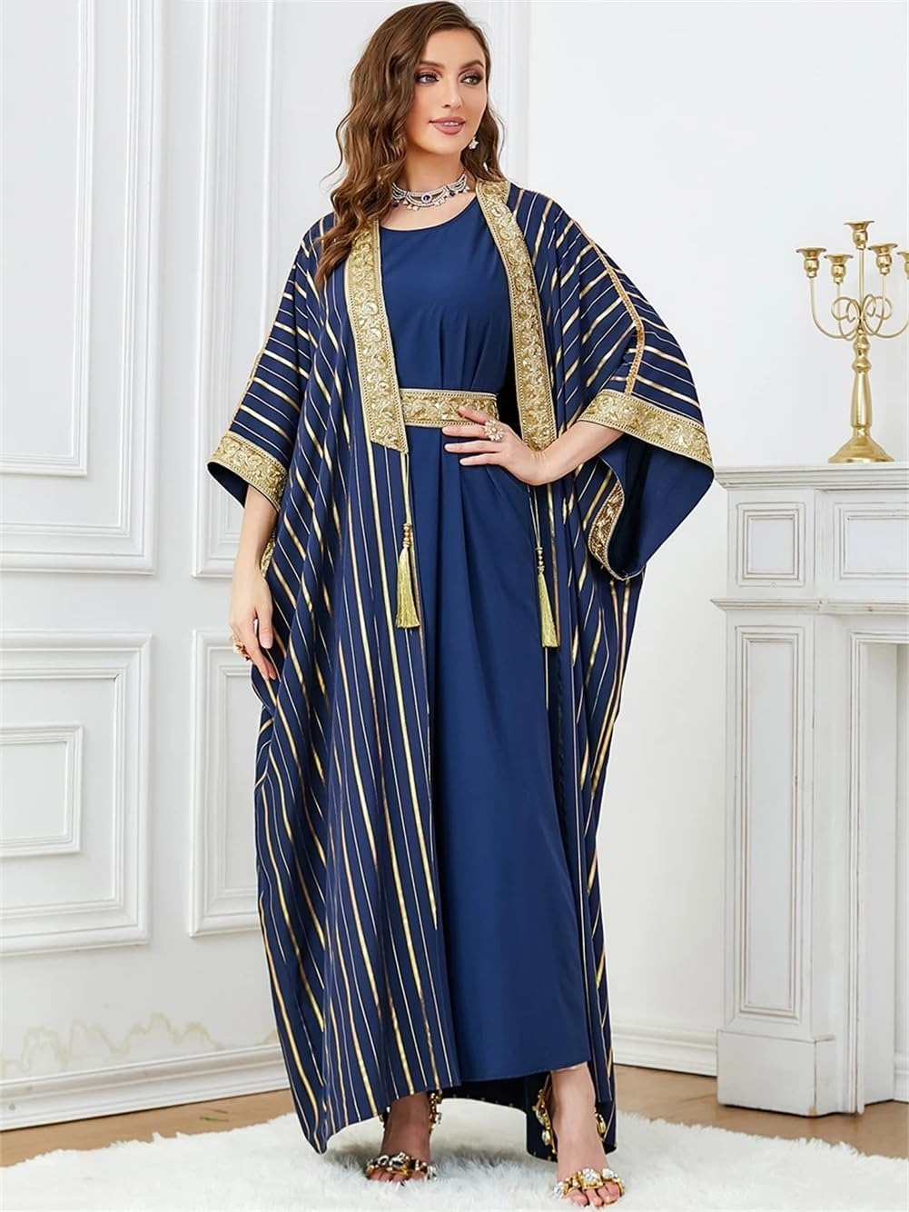 Caftan de luxe Marocain Femme soirée 2 pièces Abaya ensemble Jalabiya Femme bleu rayure paillettes ceinturé Robe Africano Mujer