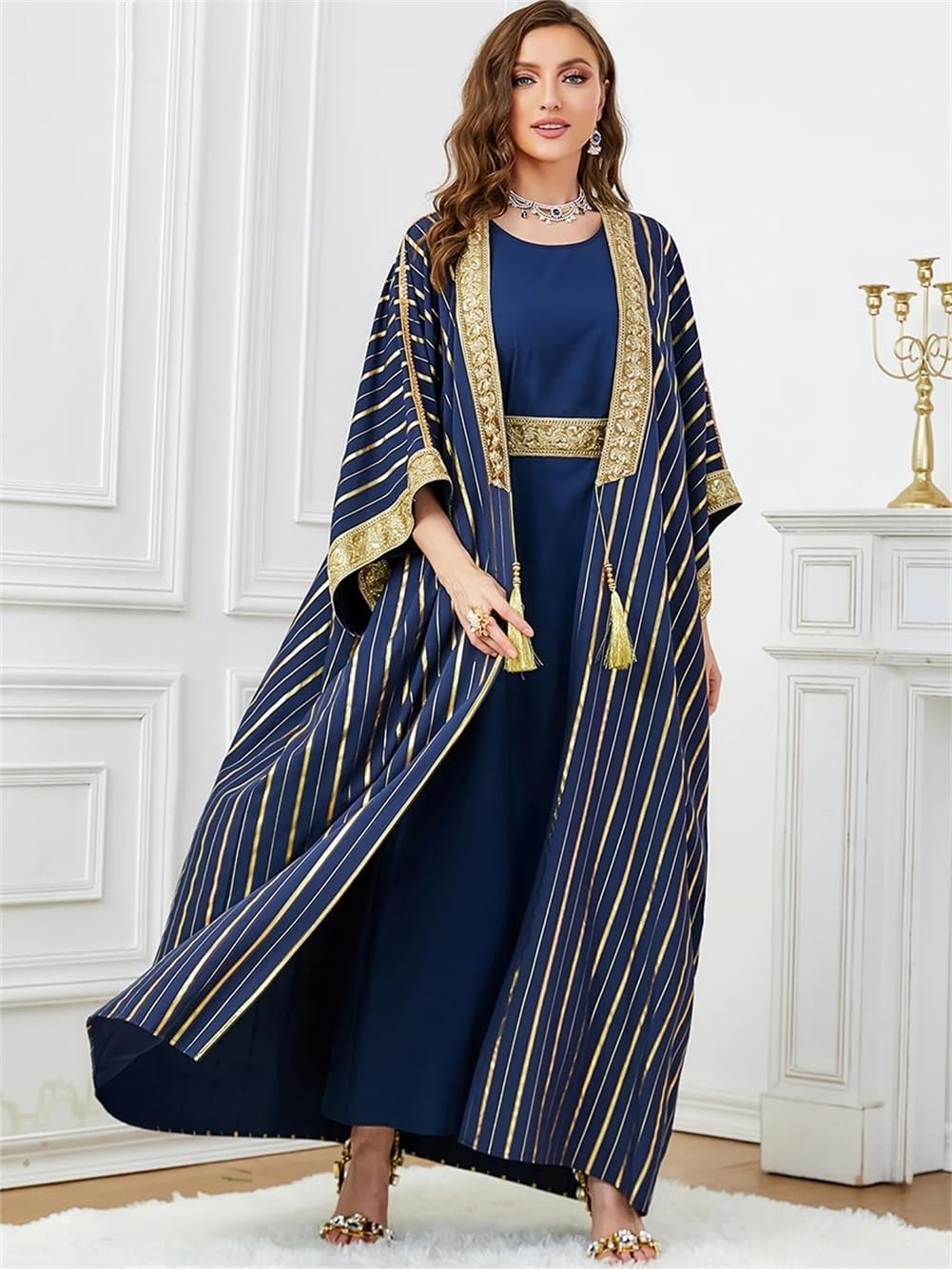 Caftan de luxe Marocain Femme soirée 2 pièces Abaya ensemble Jalabiya Femme bleu rayure paillettes ceinturé Robe Africano Mujer