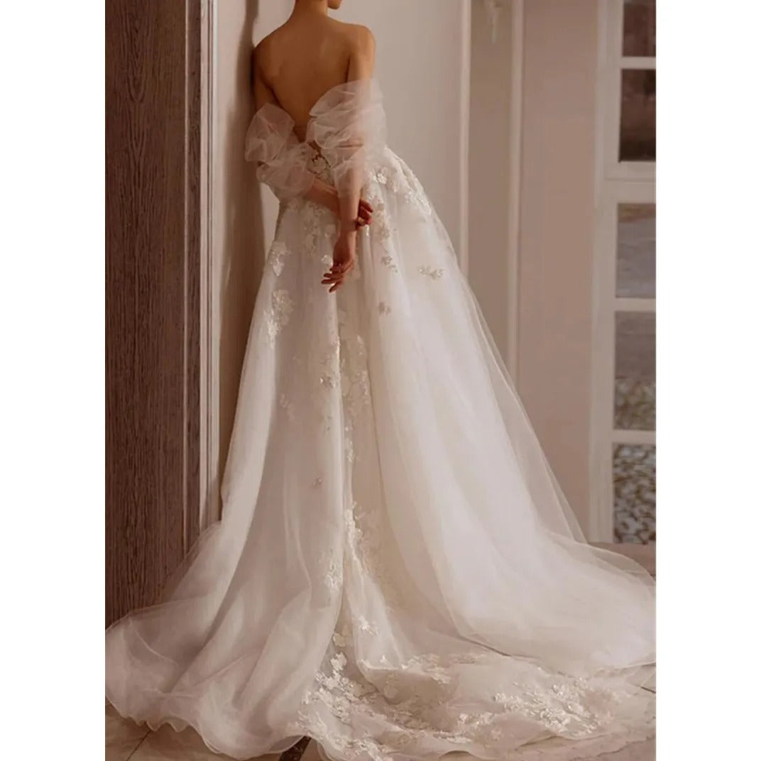 Robes De mariée exquises ligne a, en Tulle, à plusieurs niveaux, avec des Appliques en dentelle, épaules dénudées, Vintage 