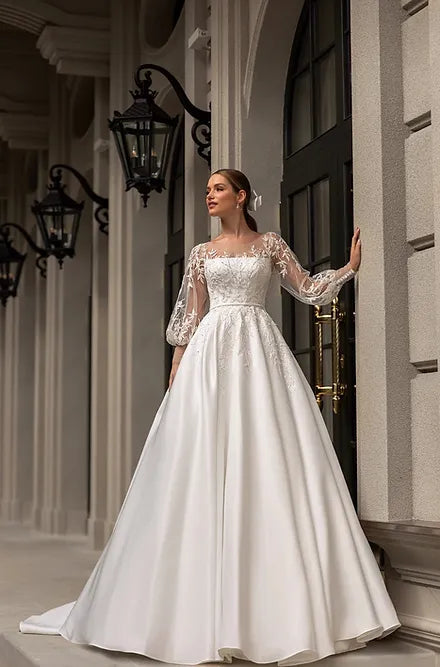 Luxe kanten appliques trouwjurken een lijn fuffy ruches satijnen baljurken met lange mouwen formele bruid strand feestvestido de novia