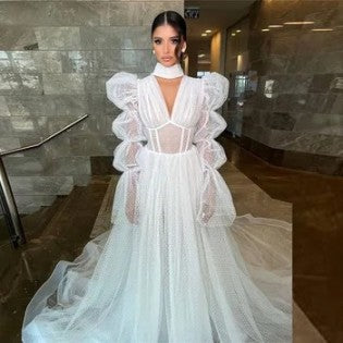 Qanz Boho Tulle Wedding Dresses Puff Sleeves Long A Line Illusion Bridal Gowns V Neck Corset Back Robes De Mariage élégante