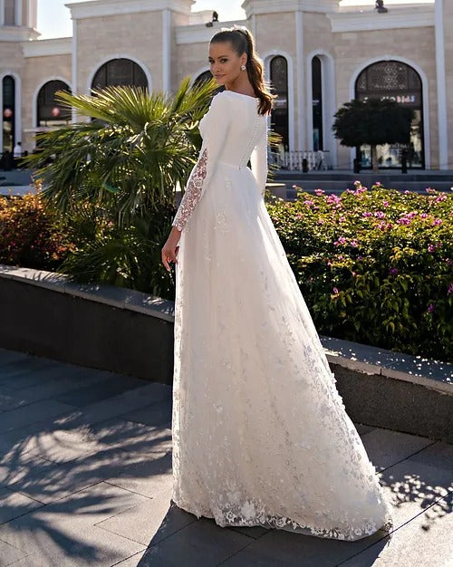 Robe De mariée exquise en dentelle, col rond, manches longues, dos boutonné, en Satin et Tulle, avec Appliques, robes civiles De Noiva 