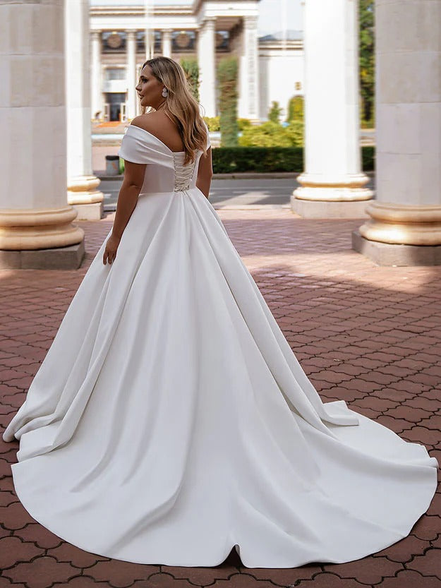 Robe de mariée en Satin Simple, col en V, avec traîne, magnifique robe de bal, épaules dénudées, Corset, robe de mariée 