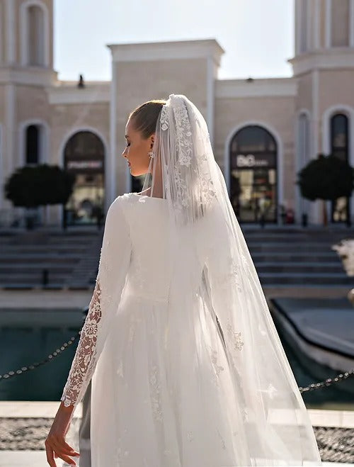 Robe De mariée exquise en dentelle, col rond, manches longues, dos boutonné, en Satin et Tulle, avec Appliques, robes civiles De Noiva 