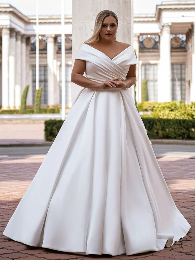 Robe de mariée en Satin Simple, col en V, avec traîne, magnifique robe de bal, épaules dénudées, Corset, robe de mariée 