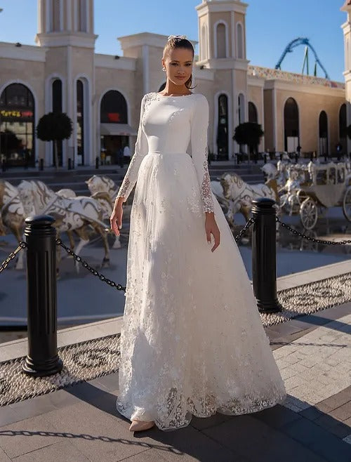 Robe De mariée exquise en dentelle, col rond, manches longues, dos boutonné, en Satin et Tulle, avec Appliques, robes civiles De Noiva 