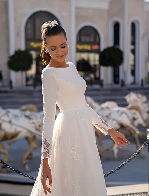 Robe De mariée exquise en dentelle, col rond, manches longues, dos boutonné, en Satin et Tulle, avec Appliques, robes civiles De Noiva 