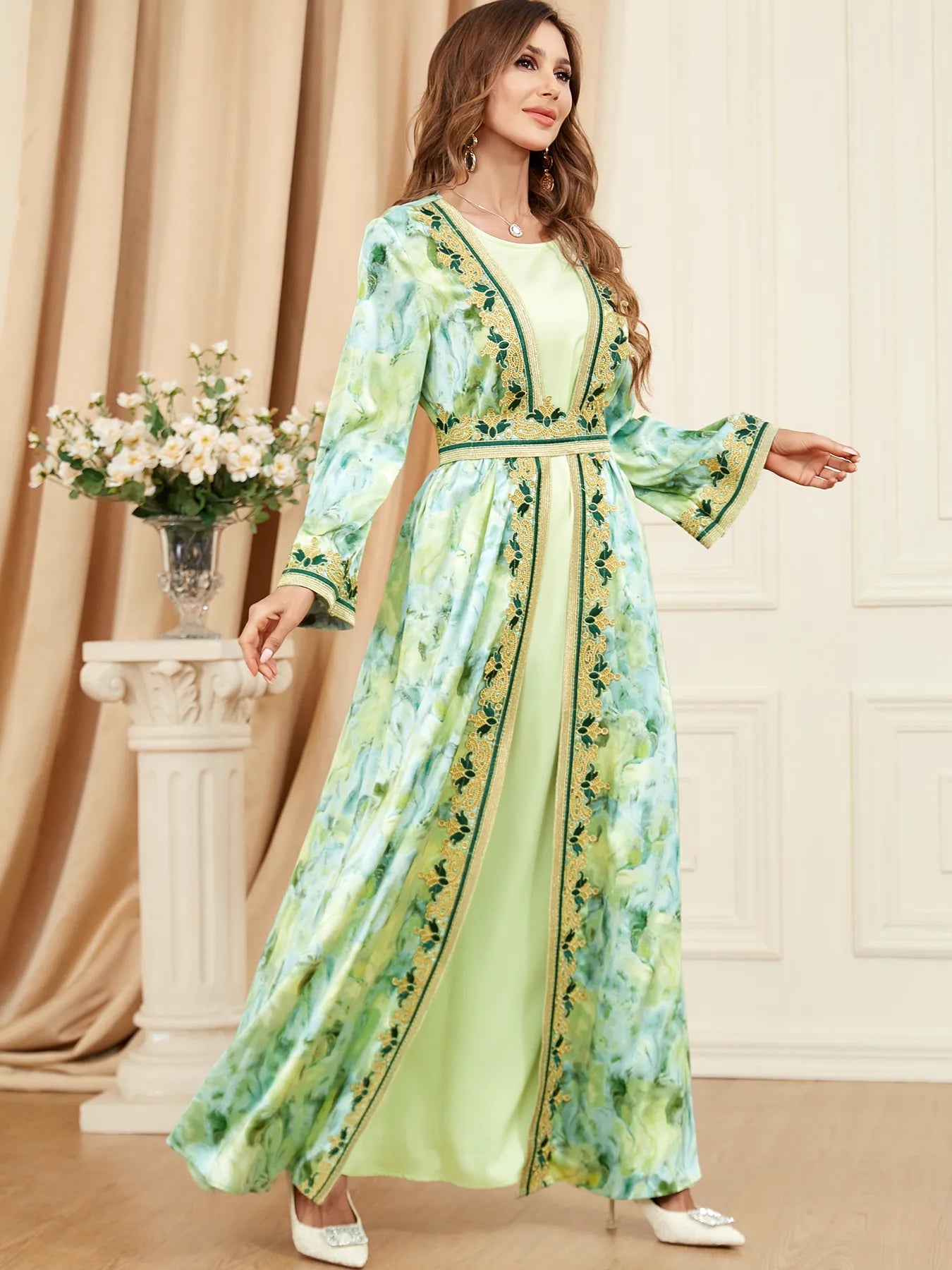 Dress Marocain Femme Satin Evening 2 Piece Abaya Set For Ramadan Muslim Female Chic Printing Belted Dubai Islamic Gown