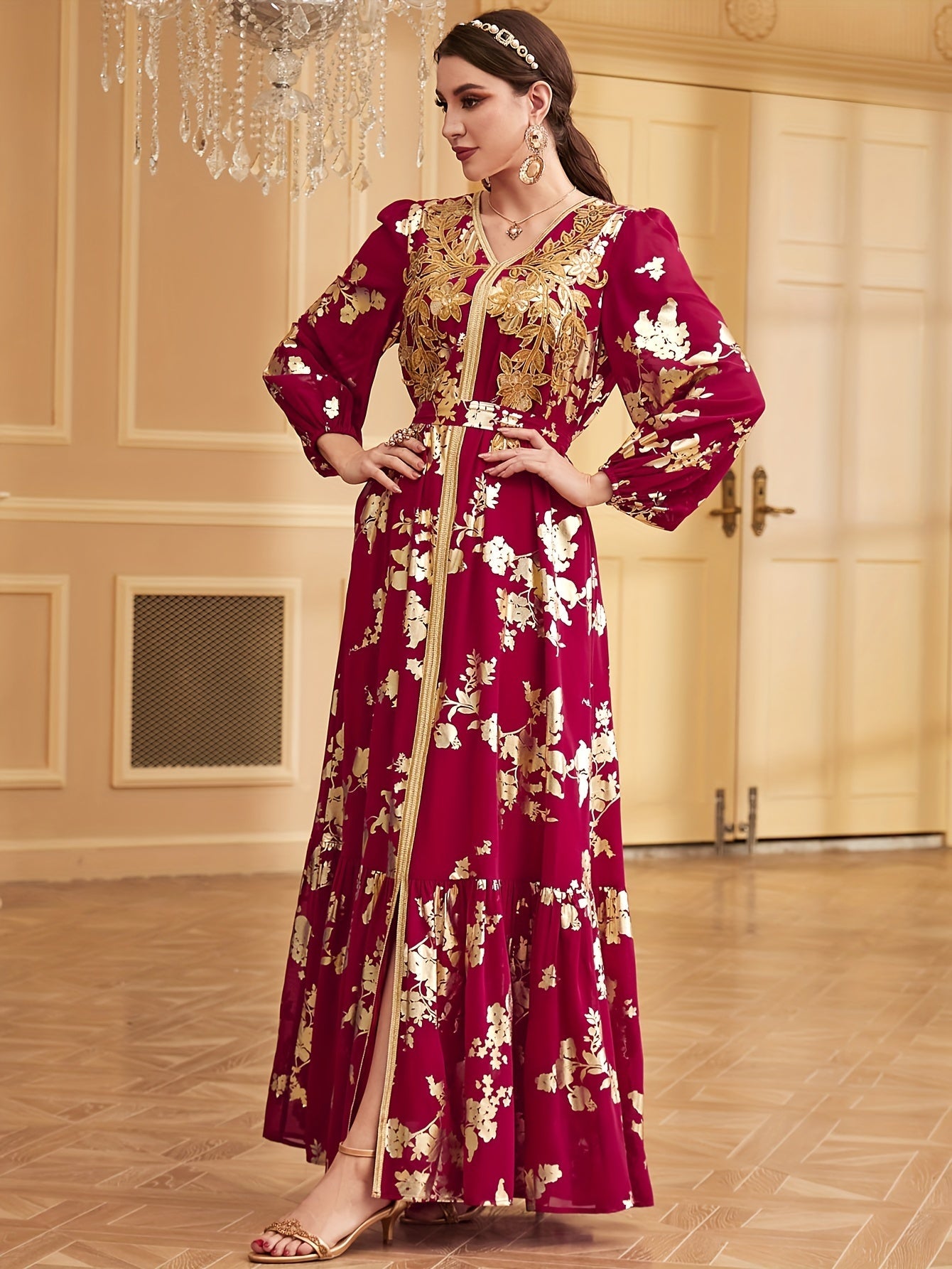 Robe de soirée rouge de dubaï pour femmes, tenue élégante avec ceinture à paillettes, col en v, estampage doré, Abaya, caftan marocain