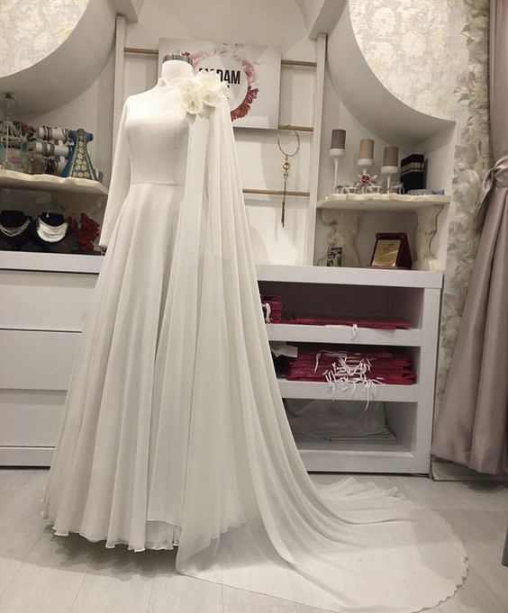 White Muslim Long Sleeve Wedding Dresses A-Line Vestido De Noiva Flowers Chiffon Elegant Dubai Arabic Hajab Bridal Gowns