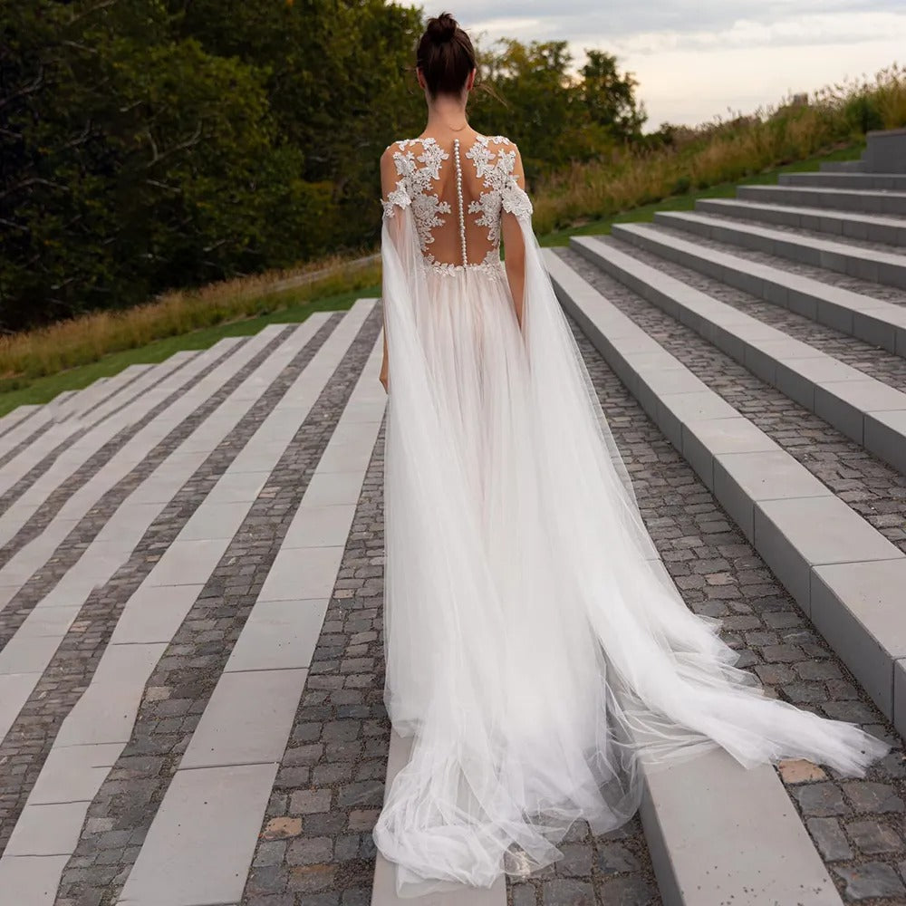 Sexy Illusion Spitzen Applikationen Strand Hochzeitskleid Boho abnehmbare Tüllhülle Chic Brautkleider